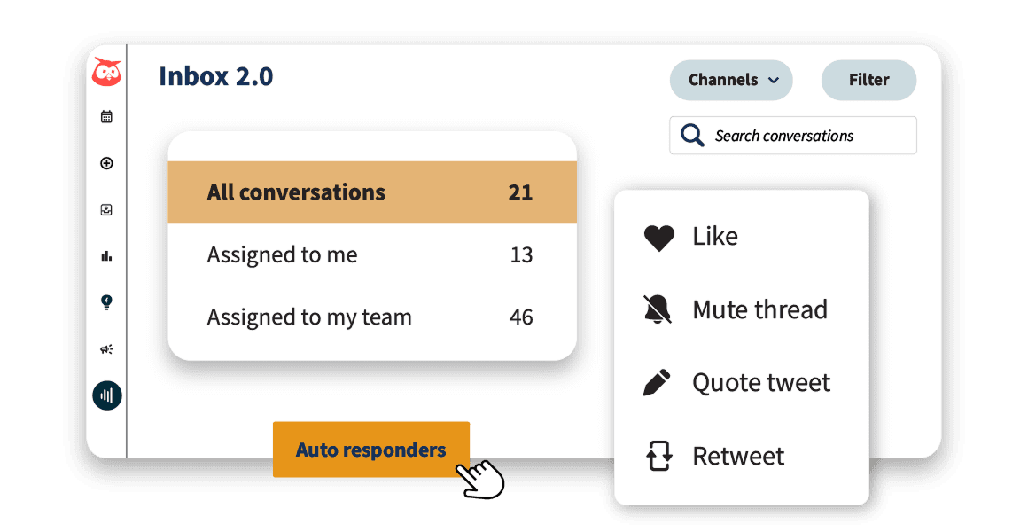 Screenshot of Inbox 2.0 interface showing conversation filters, search bar, and social media interaction options like Like and Retweet
